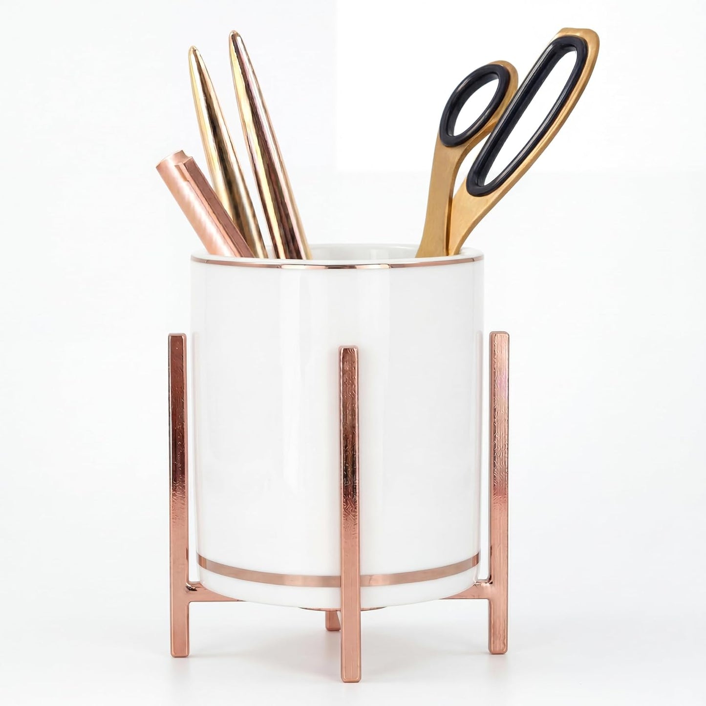 4.72" Gold Pen Holder Aesthetic Pencil Holder for Desk, Gold Desk Organizers and Accessories for Women Girls, Ceramic Pen Holder for Office