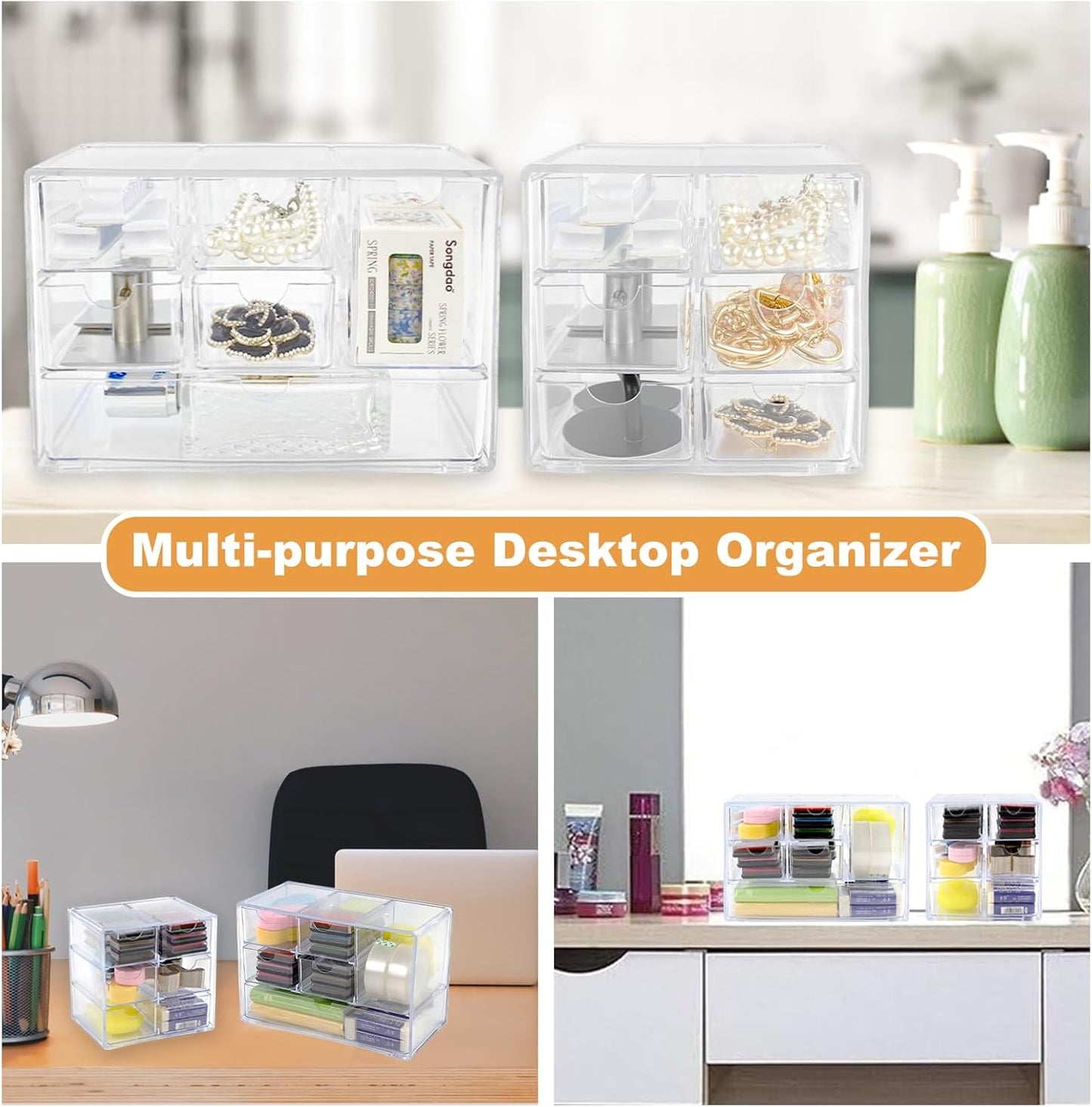 Acrylic Drawer Organizer with 6 Drawers, 2 Set Clear Dustproof Desk Organizers and Accessories, Stackable Storage Drawers for Stationery, Makeup, Jewelry, Pen, Art Craft Supplies, Office