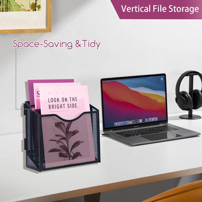 Desk File Organizer, Metal Mesh File Folder Holder Stand with 3 Vertical Compartments Rack, Wall File Organizer File Sorter for Office Supplies Desktop Organization, Black