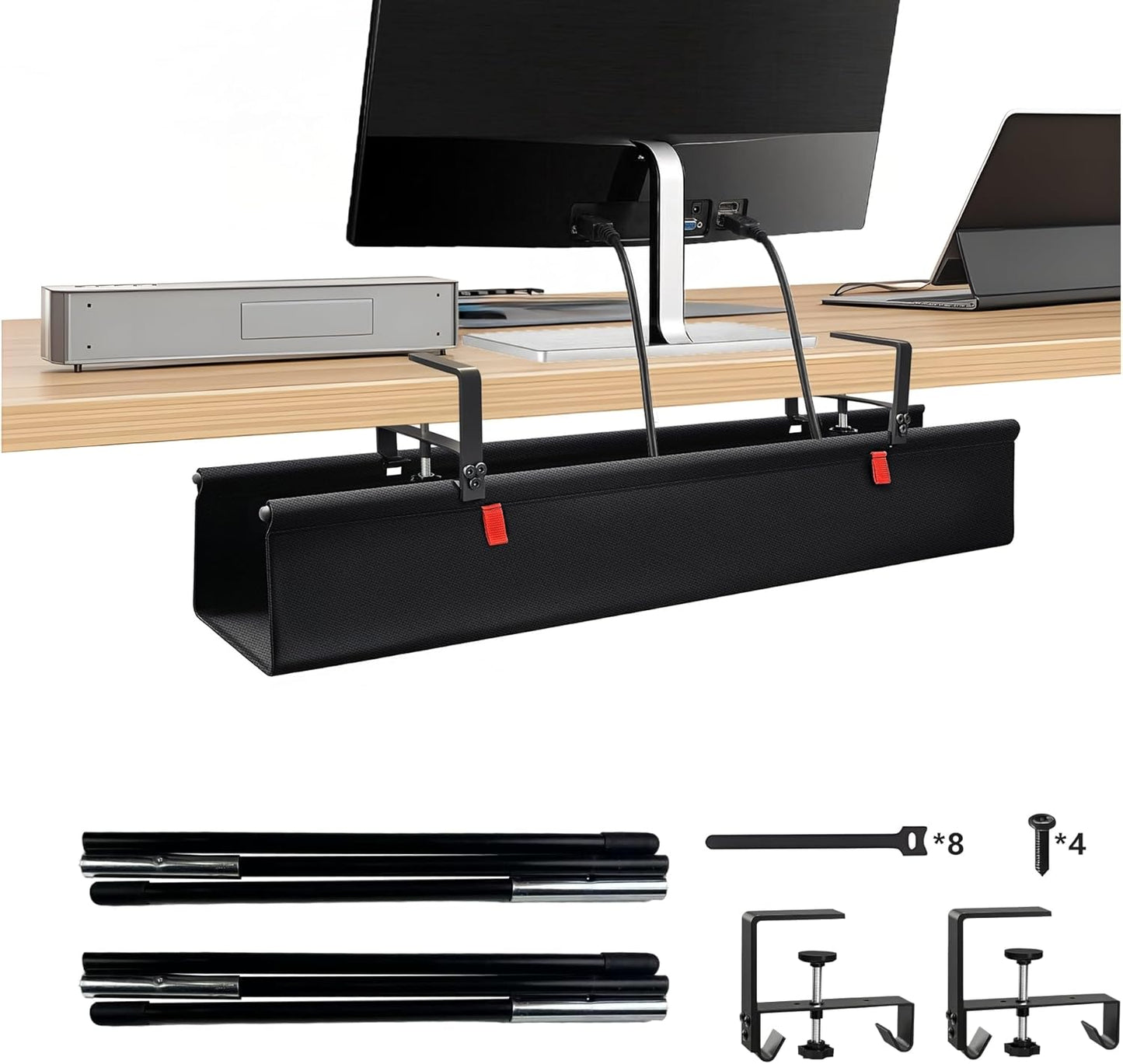 36" No Drill Under Desk Cable Management Tray - Upgraded Oxford Fabric with Cable Loop, No Damage to Table for Standing Desks and Home Office (Large (36 Inch))