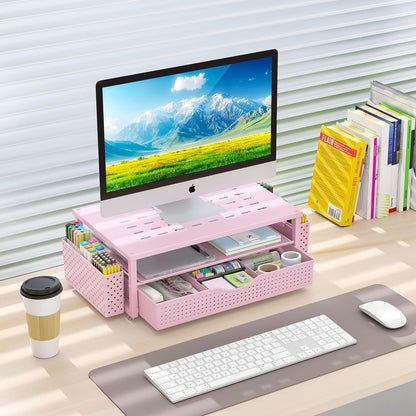 gianotter Wood Monitor Stand Riser, Office Desk Shelf Organizer, Desk Organizer with Drawer and Pen Holder, 2-Tier Computer Stand, Office Organization (Ink)