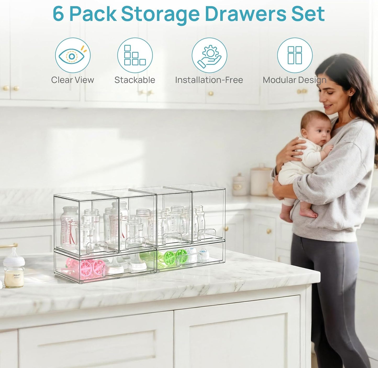 Vtopmart Stackable Storage Drawers Set of 4, Clear Plastic Organizer Bins for Bathroom Supplies,Ideal for Cabinet,Pantry,Laundry Room Organization