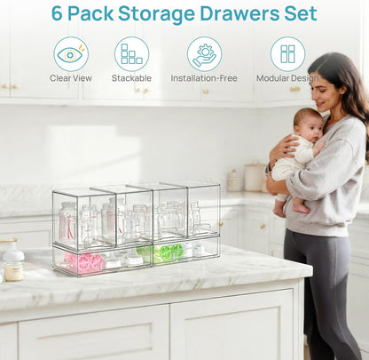 Vtopmart Stackable Storage Drawers Set of 4, Clear Plastic Organizer Bins for Bathroom Supplies,Ideal for Cabinet,Pantry,Laundry Room Organization