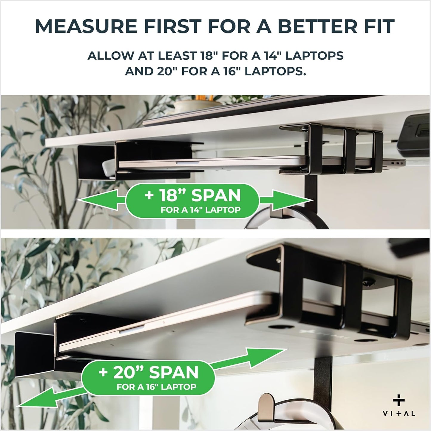 VI+AL Under Desk Laptop Mount - Hidden Metal Shelf with Side Storage, Hook & Cable Organizer - Installs with Tape & Screws - Fits Devices up to 1.7" Thick - Deluxe + LED (USB Light Strip & Remote)
