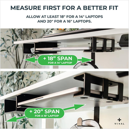 VI+AL Under Desk Laptop Mount - Hidden Metal Shelf with Side Storage, Hook & Cable Organizer - Installs with Tape & Screws - Fits Devices up to 1.7" Thick - Deluxe + LED (USB Light Strip & Remote)