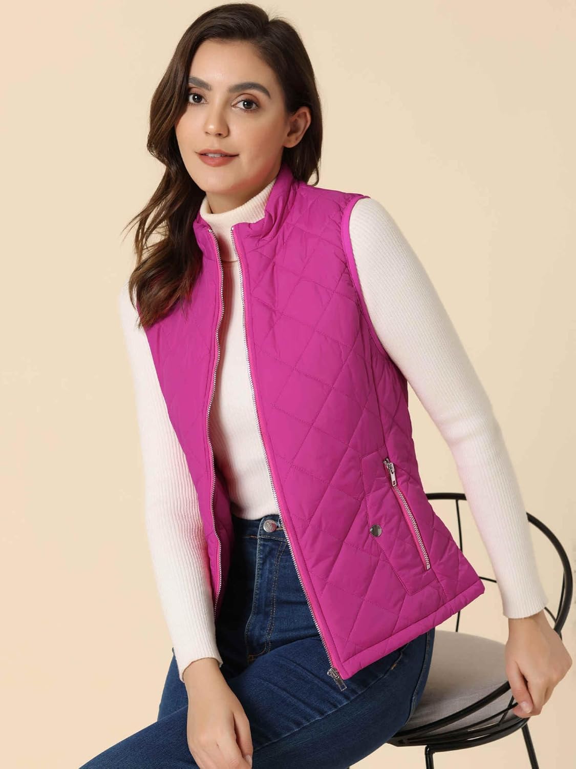 Allegra K Women's Puffer Vest Stand Collar Lightweight Gilet Quilted Zip Vest