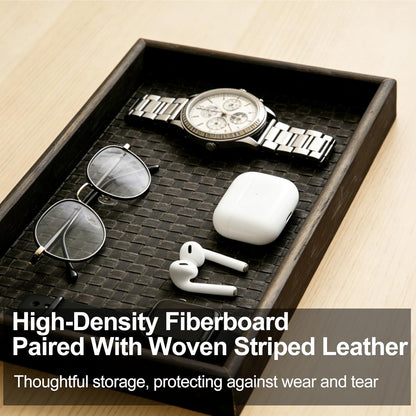 Dark Walnut Finish Wooden Valet Tray with Black Woven Faux Leather Base, MDF Construction, Nightstand Catchall Organizer Desk Tray for Men, Keys, Wallet, Watch & Accessories