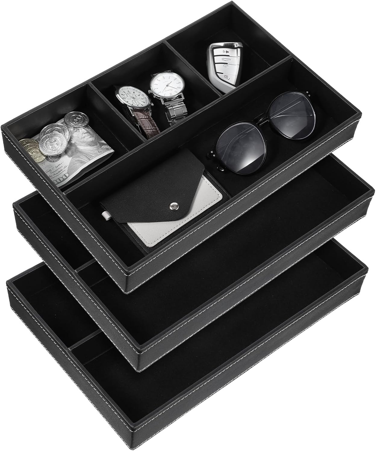 3 Pieces Faux Leather Valet Tray Set, Stackable Jewelry Organizer with Soft Lining, Dresser Storage Box for Nightstand, Key, Wallet, Watch, Phone, Sunglass, Coin, Black