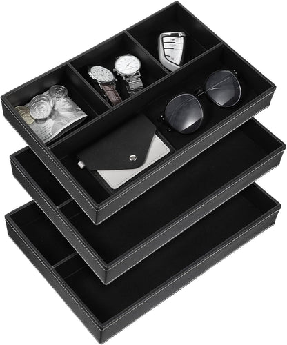 3 Pieces Faux Leather Valet Tray Set, Stackable Jewelry Organizer with Soft Lining, Dresser Storage Box for Nightstand, Key, Wallet, Watch, Phone, Sunglass, Coin, Black