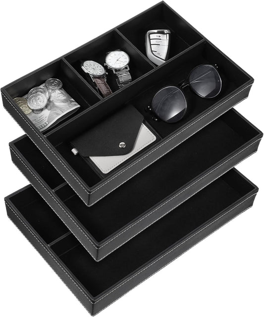 3 Pieces Faux Leather Valet Tray Set, Stackable Jewelry Organizer with Soft Lining, Dresser Storage Box for Nightstand, Key, Wallet, Watch, Phone, Sunglass, Coin, Black