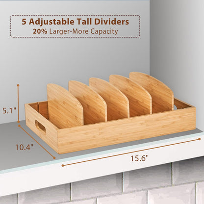 Umilife Kitchen Cabinet Organizer for Food Storage Container Lids, with Adjustable Dividers, Bamboo Drawer Caddy, Box for Kitchen Storage And Organization