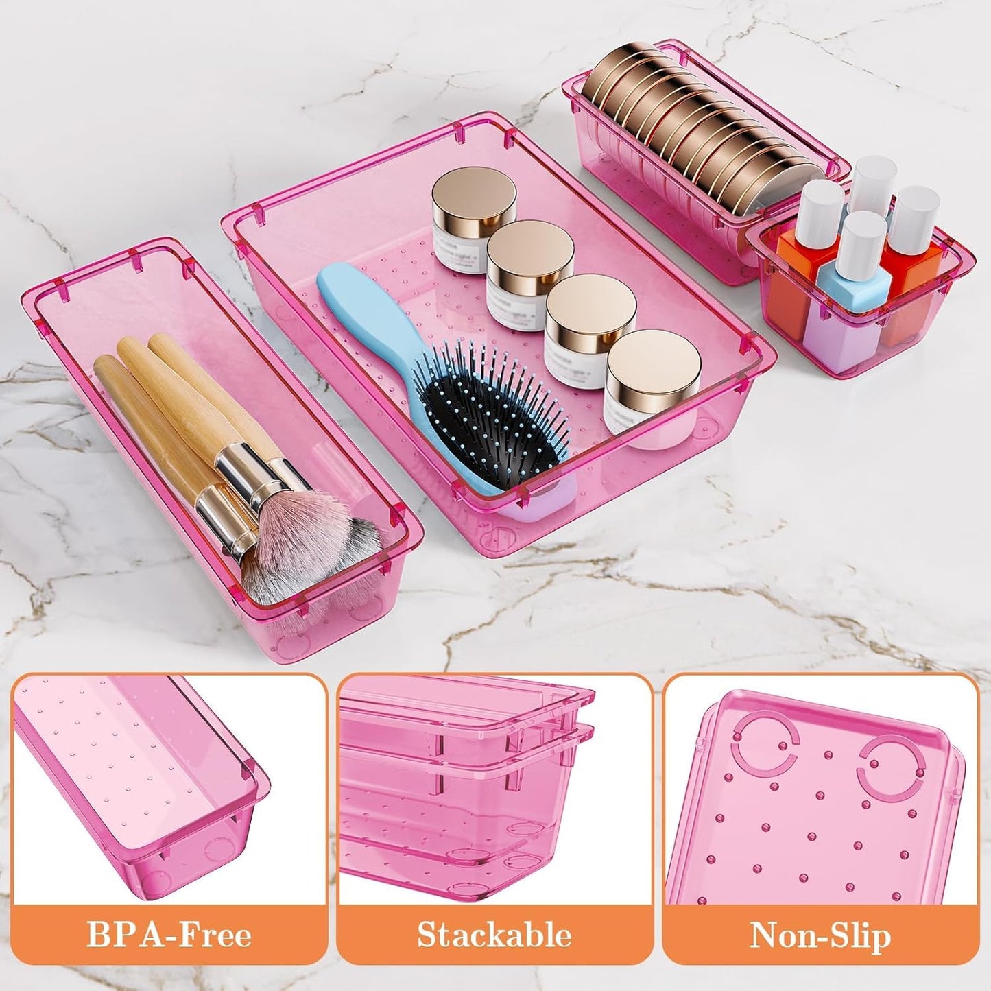 SpaceHacks 25 PCS Plastic Drawer Organizer Set, 4-Size Versatile Organizer Tool Trays & storage Bins for Makeup, Jewelry, and Gadgets in Bathroom, Bedroom and Office,Clear Black
