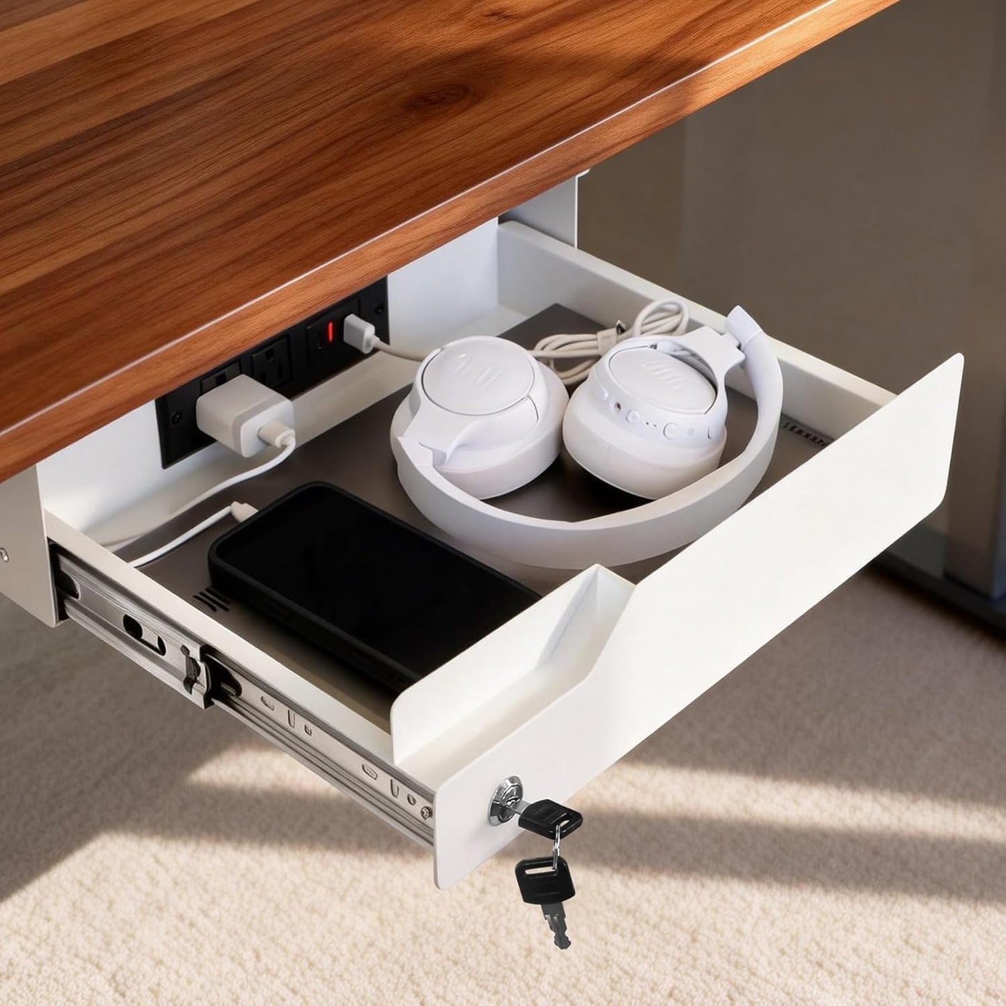 Under Desk Drawer Storage with Lock, Metal Undermount Table Drawer, Ball Bearing Slides Out Tray Organizer for Paper, Pencil, and Laptop 16"x11.8"x3.6", White