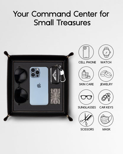 VLANDO Valet Tray for Men Women, Nightstand Organizer Vanity Catchall Holder for Dresser Desk Storage Bedside, Travel PU Leather Jewelry Key Bowl Coin Watches and Candy Entryway Tray - Large, Brown