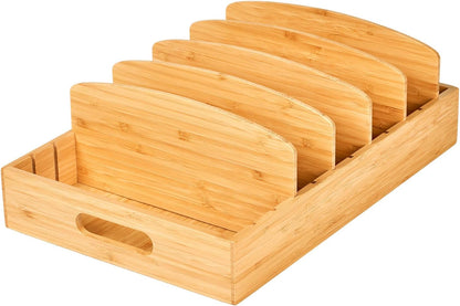 Umilife Kitchen Cabinet Organizer for Food Storage Container Lids, with Adjustable Dividers, Bamboo Drawer Caddy, Box for Kitchen Storage And Organization