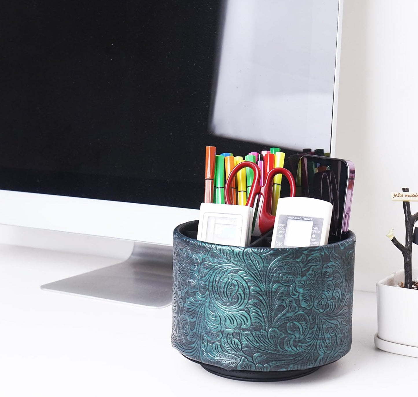 lizimandu Round Leather Art Supply Organizer,Remote Control Holder,360 Degree Spinning,Multi-Functional Pencil Holder,4 Compartments Desktop Stationary Organizer(1-Gold) - Colors B