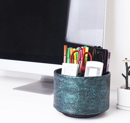 lizimandu Round Leather Art Supply Organizer,Remote Control Holder,360 Degree Spinning,Multi-Functional Pencil Holder,4 Compartments Desktop Stationary Organizer(1-Gold) - Colors B