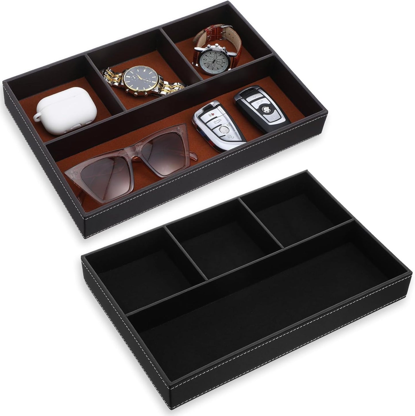 2 Pack Leather Valet Tray for Men - Premium PU Leather Desk & Nightstand Organizer, Stackable Storage Tray for Keys, Wallet, Watch, Phone, Jewelry in Black & Brown