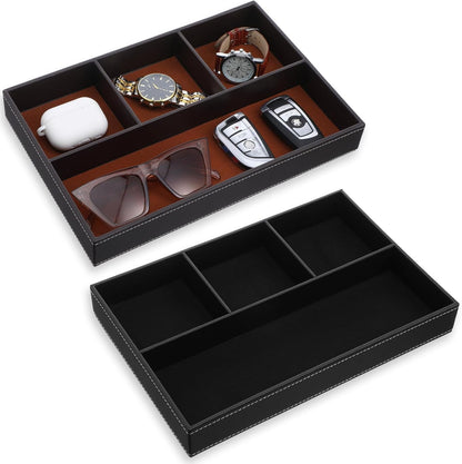 2 Pack Leather Valet Tray for Men - Premium PU Leather Desk & Nightstand Organizer, Stackable Storage Tray for Keys, Wallet, Watch, Phone, Jewelry in Black & Brown