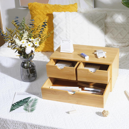 Charmewooden Bamboo Desk Organizer with 3 Drawers, Countertop Organizer with Drawers Makeup Storage Drawer 3 Drawers Tabletop Storage Organization Box Home Office Workspace