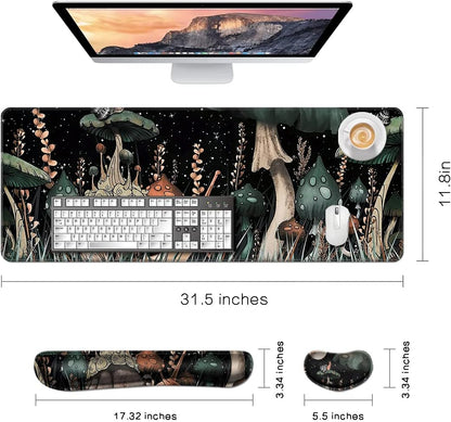 MIBITRI Keyboard Mouse Pad Set, Extended Gaming Mouse Pad+Ergonomics Keyboard Wrist Rest Support, Memory Foam, Easy Typing Pain Relief, 4Pcs XXL Ultra Thick Desk Mat, Enchanted Bookshelf