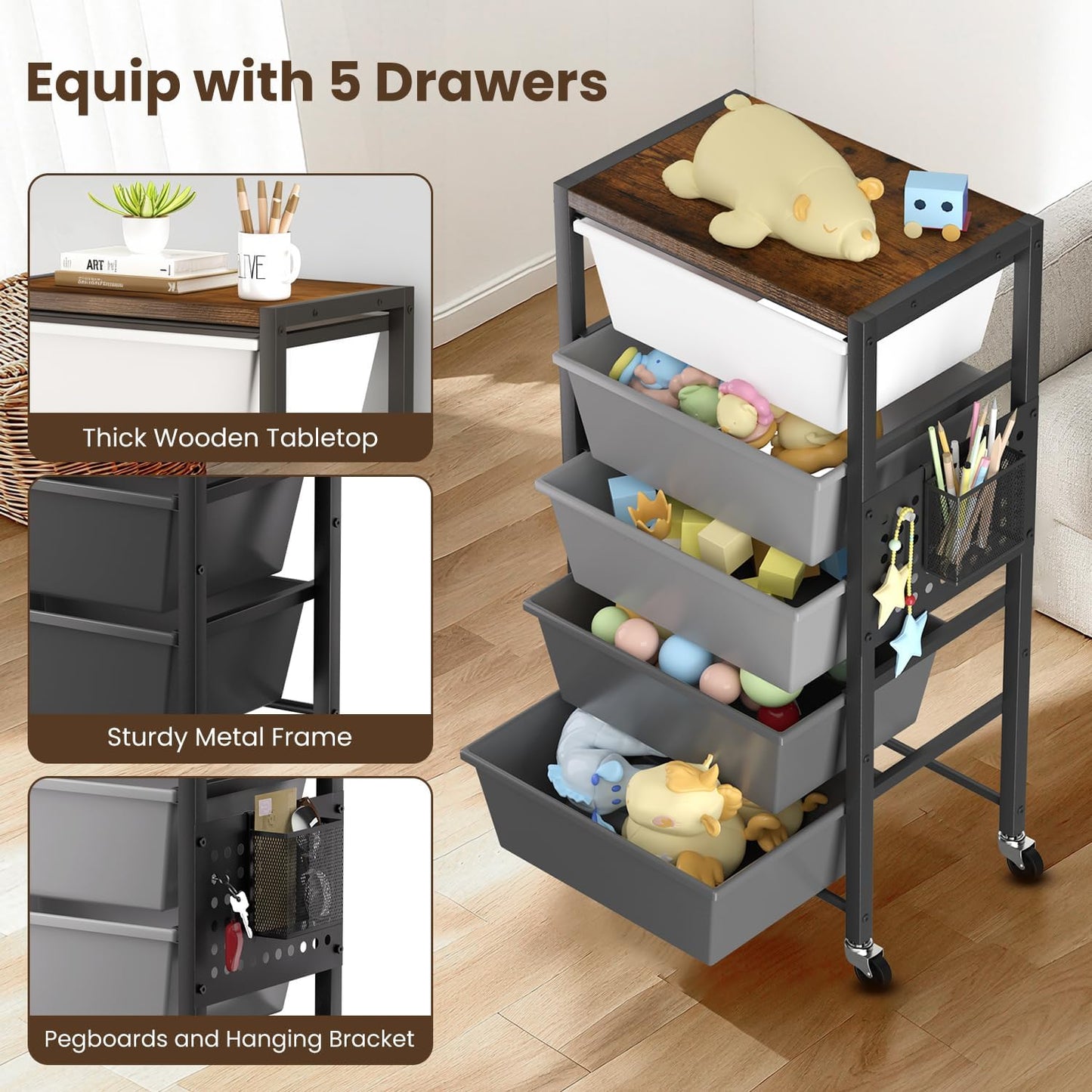 Rolling Cart with 3 Drawers, Plastic Drawer Storage Carts with Lockable Wheels & Wooden Tabletop, Metal Utility Cart Organizer, Office Bedroom Classroom Craft Organization and Storage, Bright White