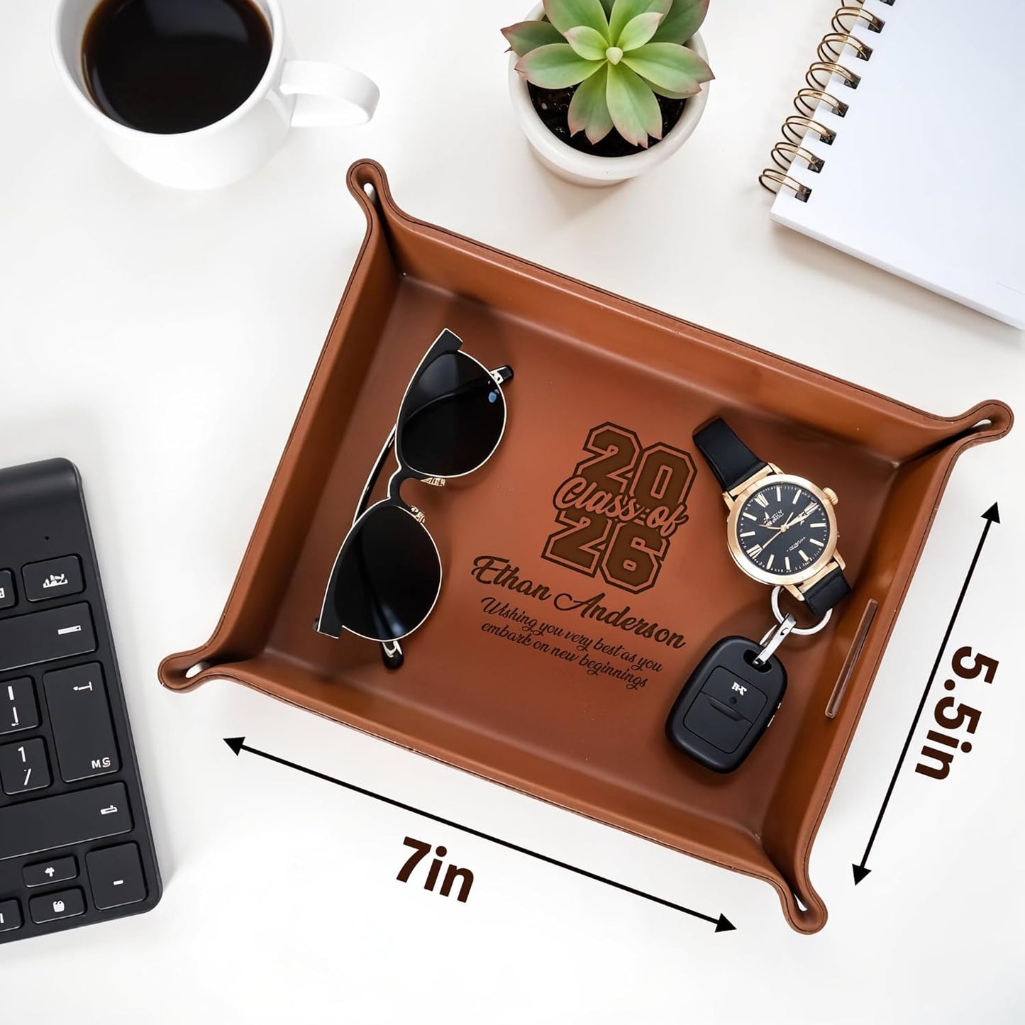 Personalized Engraved Leather Tray for Men with Engraved Name, PU Leather Valet Organizer for Dad, Custom Gift for Him, Custom Catchall Tray for Desk, Office, Accessories Travel Organizer for Men