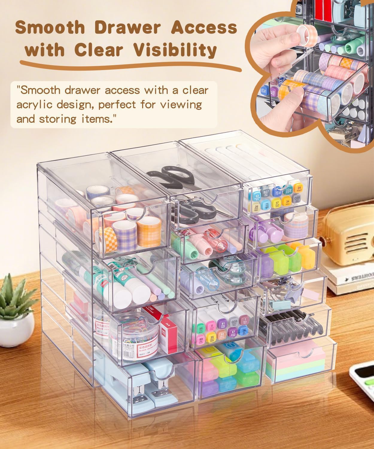 VZKAH Clear Acrylic Organizer with Drawers | 15-Drawer Desktop Unit | Makeup & Desk Organization and Storage Box for Office, Craft, Vanity Table, Bathroom, Home Essentials