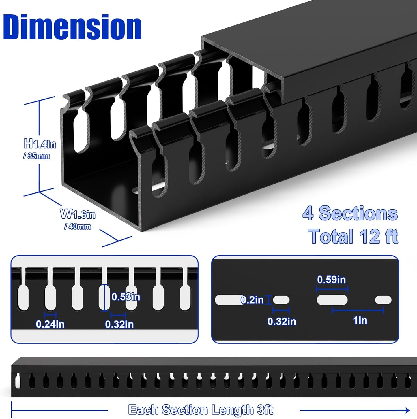 ZhiYo 2 x 2in Professional Server Rack Cable Management Raceway, 99in (6X L16.5in) Cable Raceway Kit, Electrically Safe PVC Open Slot Wire Raceway for Under Desk/Computer/Network Cords, Black