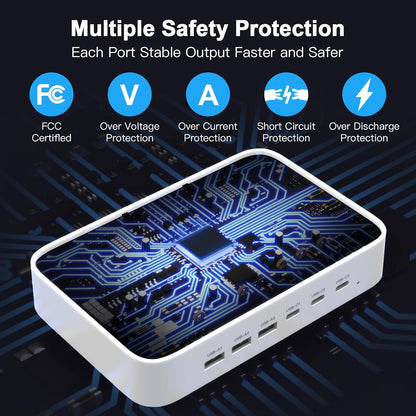 MSTJRY 90W 6-Port USB C Fast Charging Station for Multiple Devices, Multi PD Charger Station for iPhone iPad Tablet Phone, Charging Dock Organizer with Adjustable Dividers for Home Office Classroom