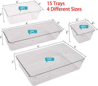 Drawer Organizer with Non-Slip Silicone Pads Set of 15,Clear Plastic Vanity Organizer Storage Bins Containers,4 Size Desk Organizer Tray
