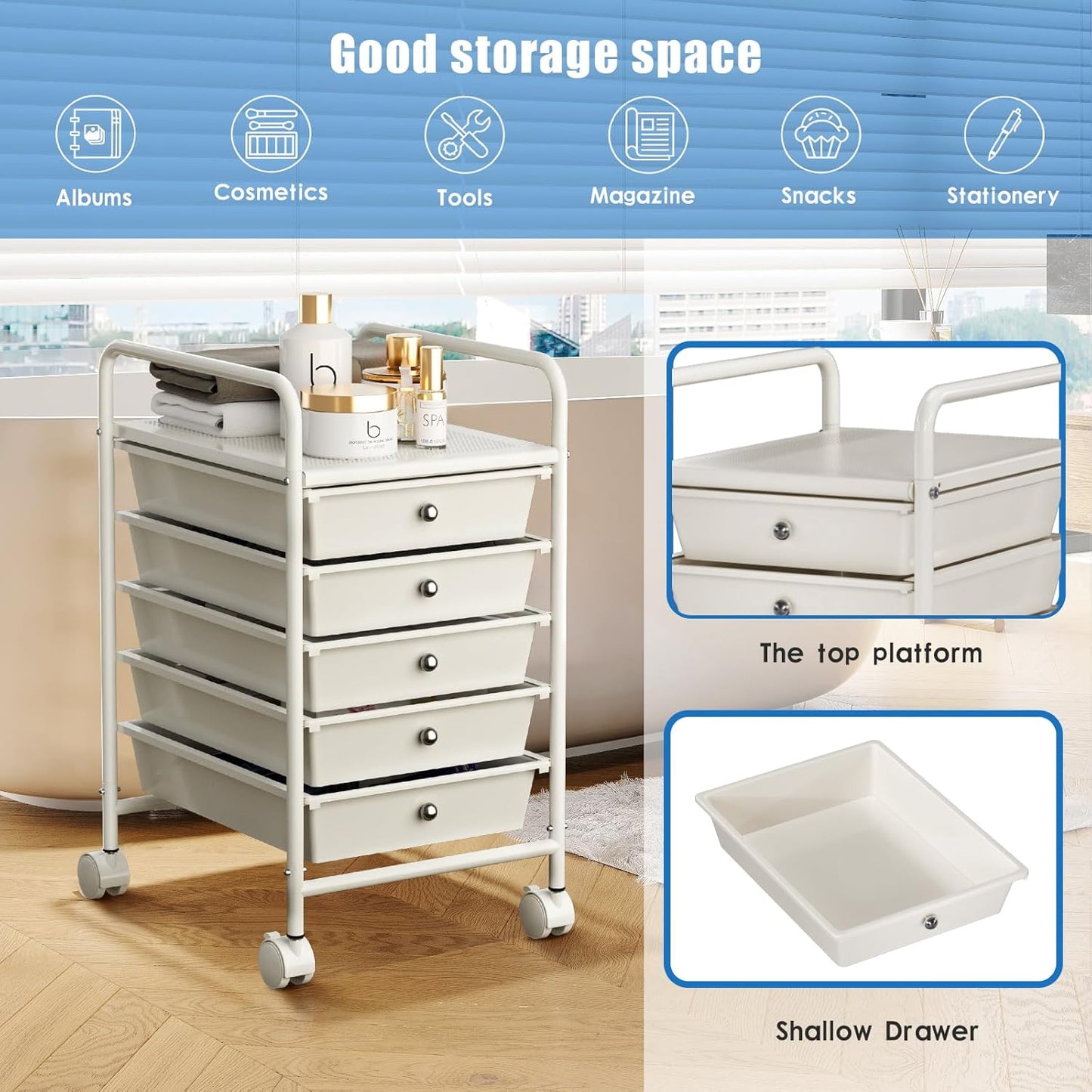 4-Tier Utility Cart with 4 Drawers, Rolling Utility Cart with 2 Lockable Caster Wheels, Multipurpose Mobile Rolling Drawer Cart for Office Bathroom Kitchen, Ivory White