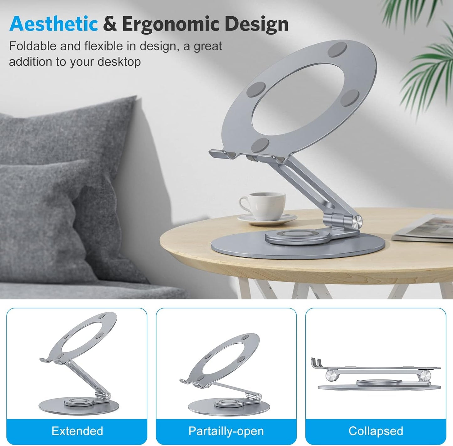 OMOTON Adjustable Laptop Stand with 360 Rotating Base, Ergonomic Laptop Riser for Collaborative Work, Dual Rotary Shaft Fully Foldable for Easy Storage, Fits All Laptops up to 16 inches, Silver