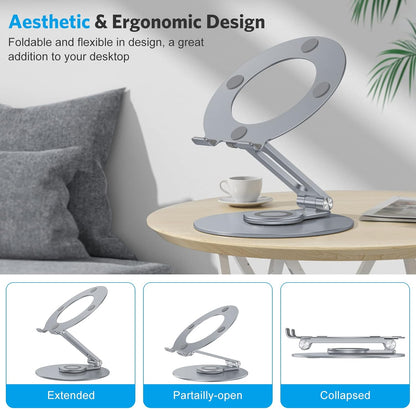 OMOTON Adjustable Laptop Stand with 360 Rotating Base, Ergonomic Laptop Riser for Collaborative Work, Dual Rotary Shaft Fully Foldable for Easy Storage, Fits All Laptops up to 16 inches, Silver