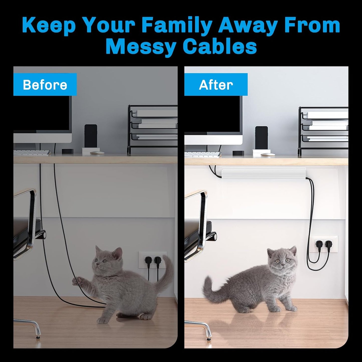 Delamu 2 Pack Safe & Tidy Cable Management Solution - Protect Kids & Pets with Home & Office Cable Management Under Desk, Cable Organizer, Cable Management Kit, Cord Organizer for Desk, 15.7in x 2