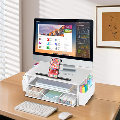 AUPSEN Wood Desk Organizers and Accessories, 2-Tier Computer Monitor Stand Riser with Drawer, Pen Storage & Phone Holder, Office Desk Accessories, Workspace Desktop Organization for Office Supplies（Brown）
