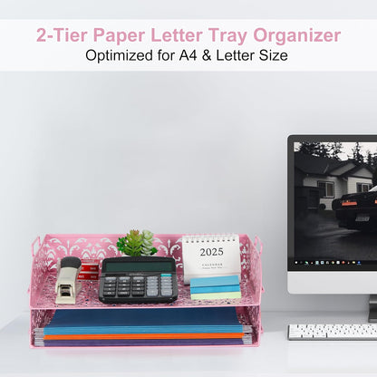 EasyPAG Paper Organizer for Desk 2 Tier Stackable Paper Tray for A4 Legal Size Folders Metal File Storage Desktop Organizer for Home Office School Teacher, Black