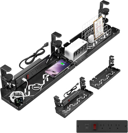 Extended Metal Under Desk Cable Management Tray with Power Outlet, No-Drill Wire Organizer with Clamp, Cord Storage Raceway for Desk Cable Management for Office Home (White)