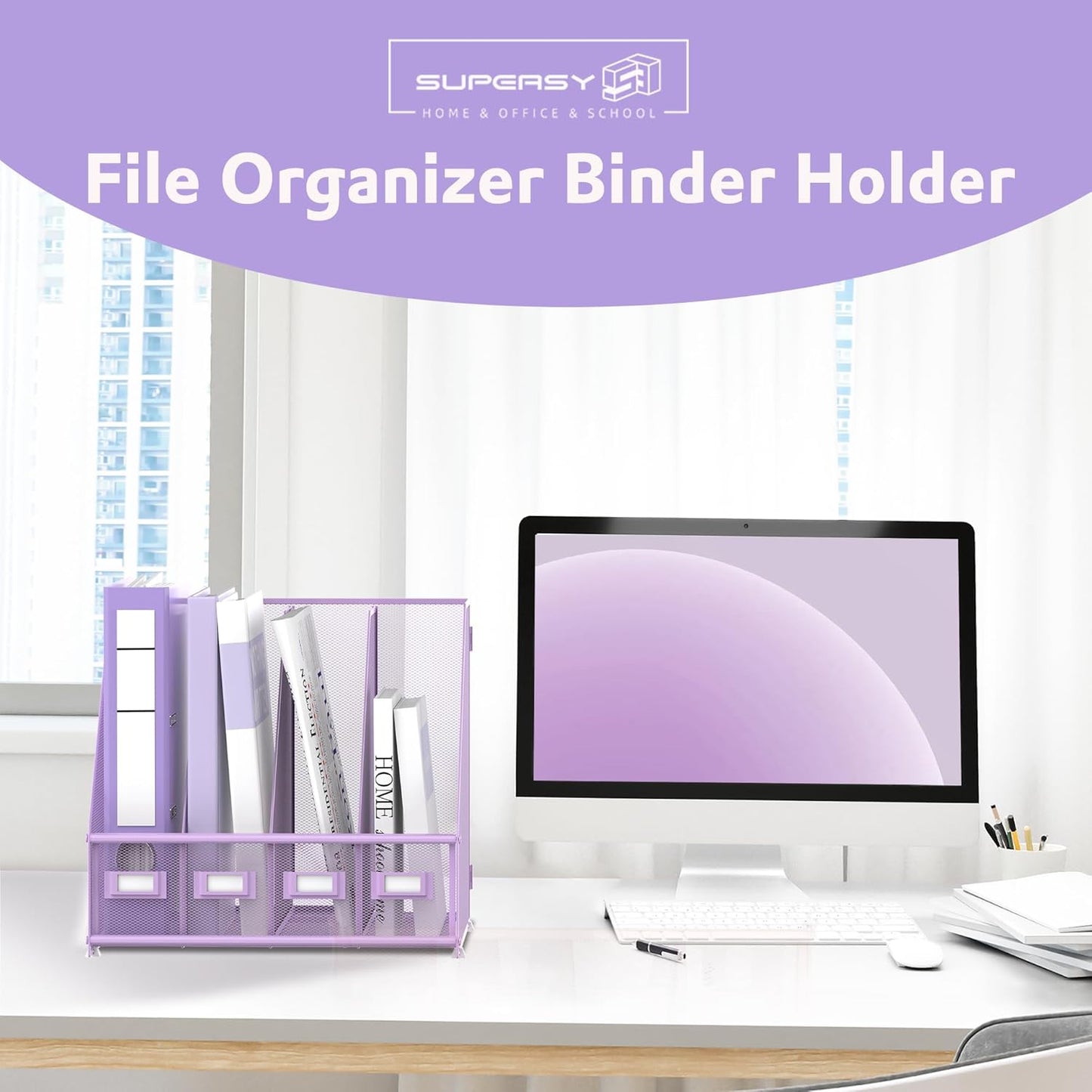 SUPEASY Magazine File Holder, Binder Holder Metal Desk Organizer with 4 Rack Compartments, File Organizer for Office Home School, Black