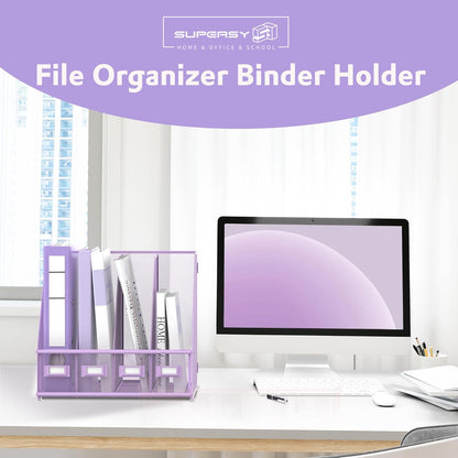 SUPEASY Magazine File Holder, Binder Holder Metal Desk Organizer with 4 Rack Compartments, File Organizer for Office Home School, Black