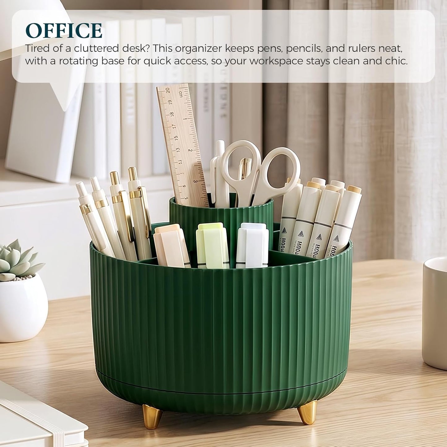 KONVINIT Pencil Pen Holder for Desk, 5 Slots 360 - Degree Rotating Desktop Organizer, Cute Desk Organizers and Accessories for School, Home, Office and Art Supply, Beige