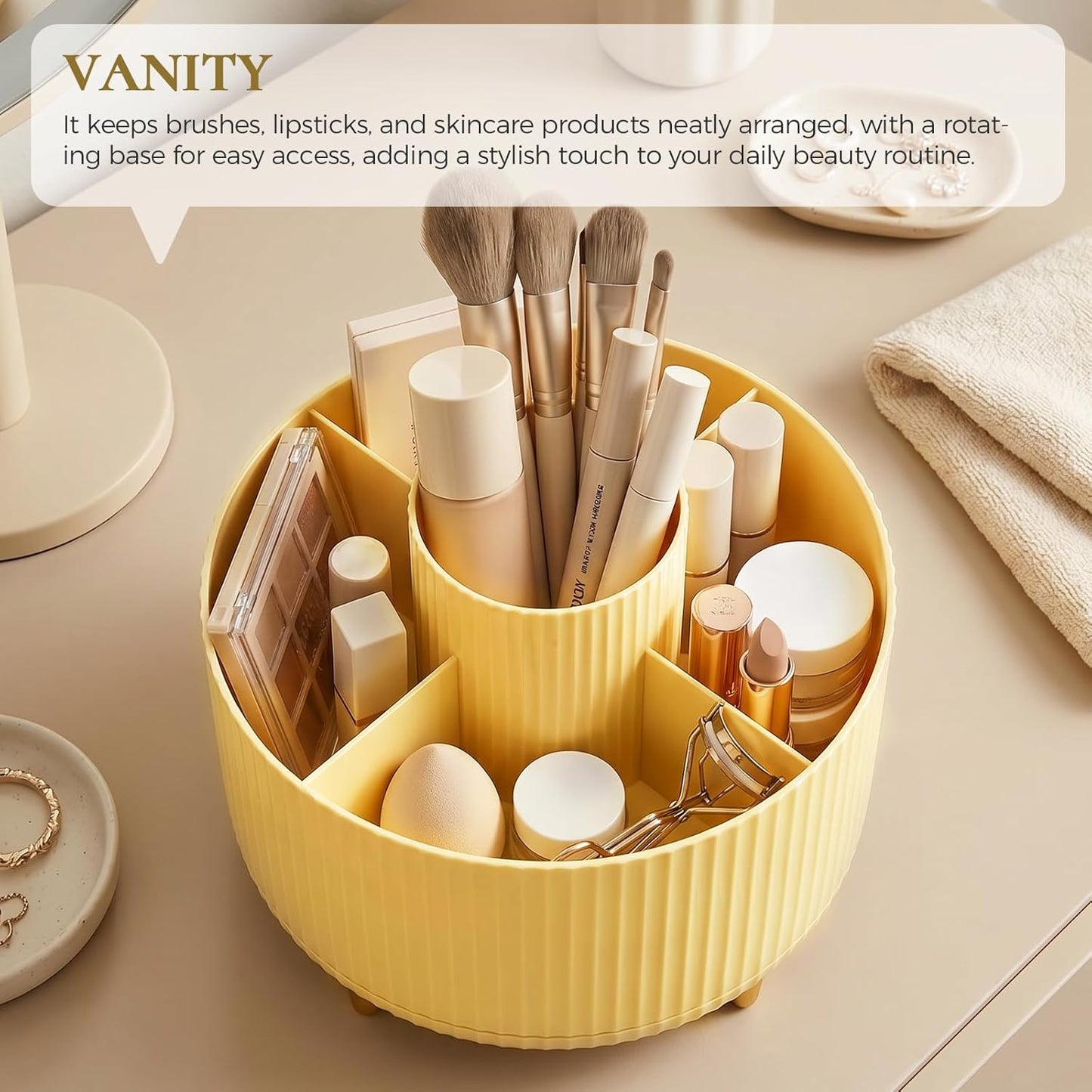 KONVINIT Pencil Pen Holder for Desk, 5 Slots 360 - Degree Rotating Desktop Organizer, Cute Desk Organizers and Accessories for School, Home, Office and Art Supply, Beige