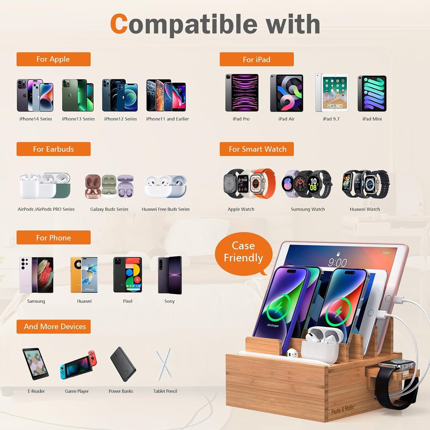 Bamboo Charging Station for Multiple Devices with 5 Port USB Charger, 5 Charger Cables and Smart Watch Stand. Wood Desktop Dock Stations Electronic Organizer for Cell Phone, Tablet, Watch, Office