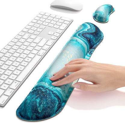 Dapesuom Enlarge Keyboard Wrist Rest, Memory Foam Wrist Cushion for Desk Mats Support, Cute Pain Relief Keyboard Mouse Pad Rests Set with Non-Slip Base for Gaming Laptop Office Computer, Green Leaf