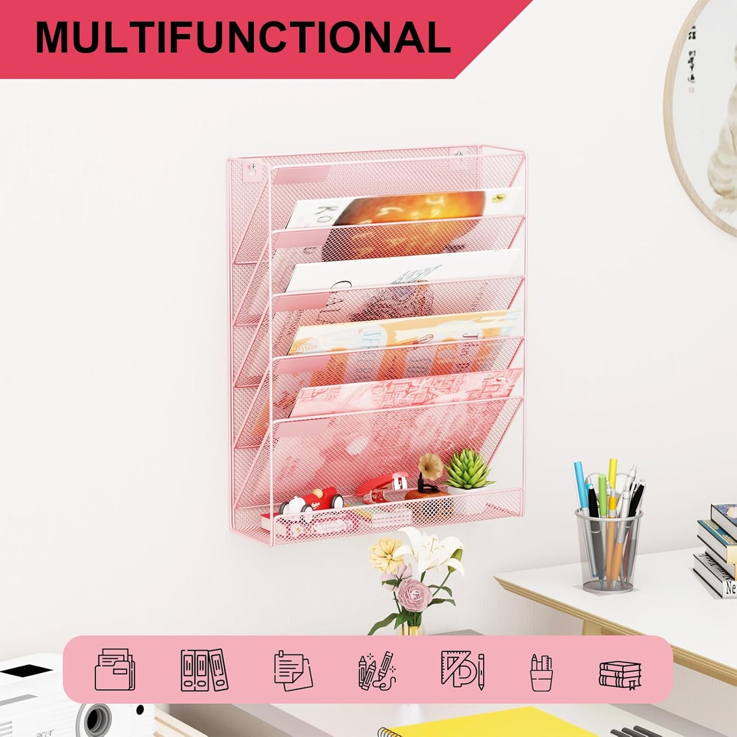 Wall File Organizer Holder Mesh Hanging Paper Document Holder,Vertical 6 Pocket Tier for Office Home, Black