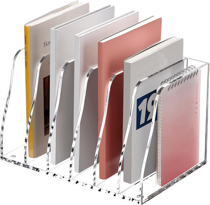 SANRUI Acrylic File Organizer, Clear Magazine File Holder Desk Organizer for Office Organization and Storage with 5 Vertical Compartments, Desktop Bookshelf for Home Office Organization
