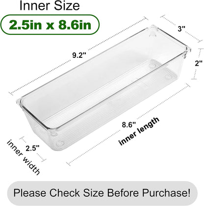 LotFancy 8 Pack Clear Plastic Drawer Organizers, 9.2''×3''×2'', Food Grade Storage Trays, Non-Slip Storage Bins for Kitchen Utensil, Silverware Cutlery, Bathroom, Office Desk, Makeup, Jewelry