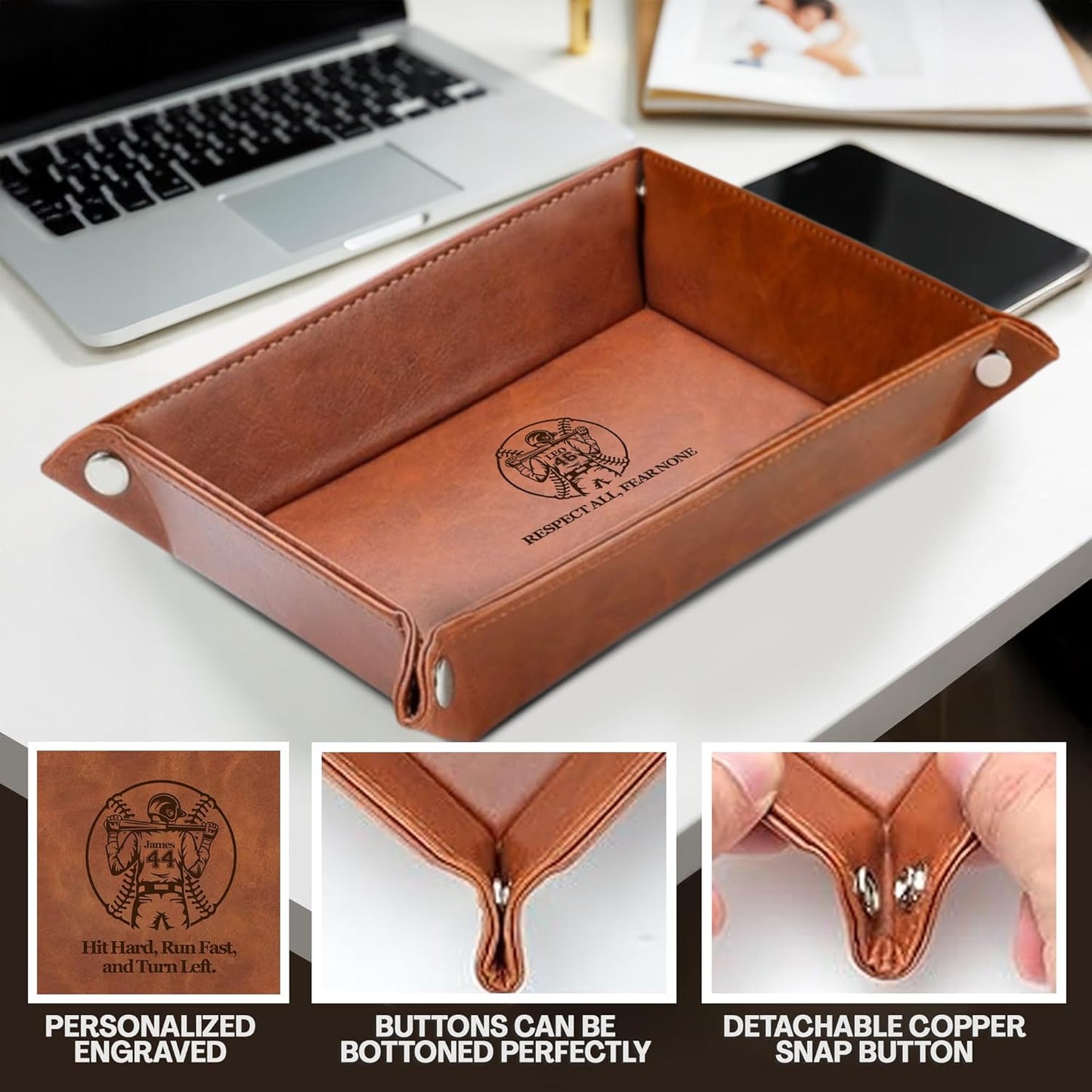 Personalized Engraved Leather Tray for Men with Engraved Name, PU Leather Valet Organizer for Dad, Custom Gift for Him, Custom Catchall Tray for Desk, Office, Accessories Travel Organizer for Men