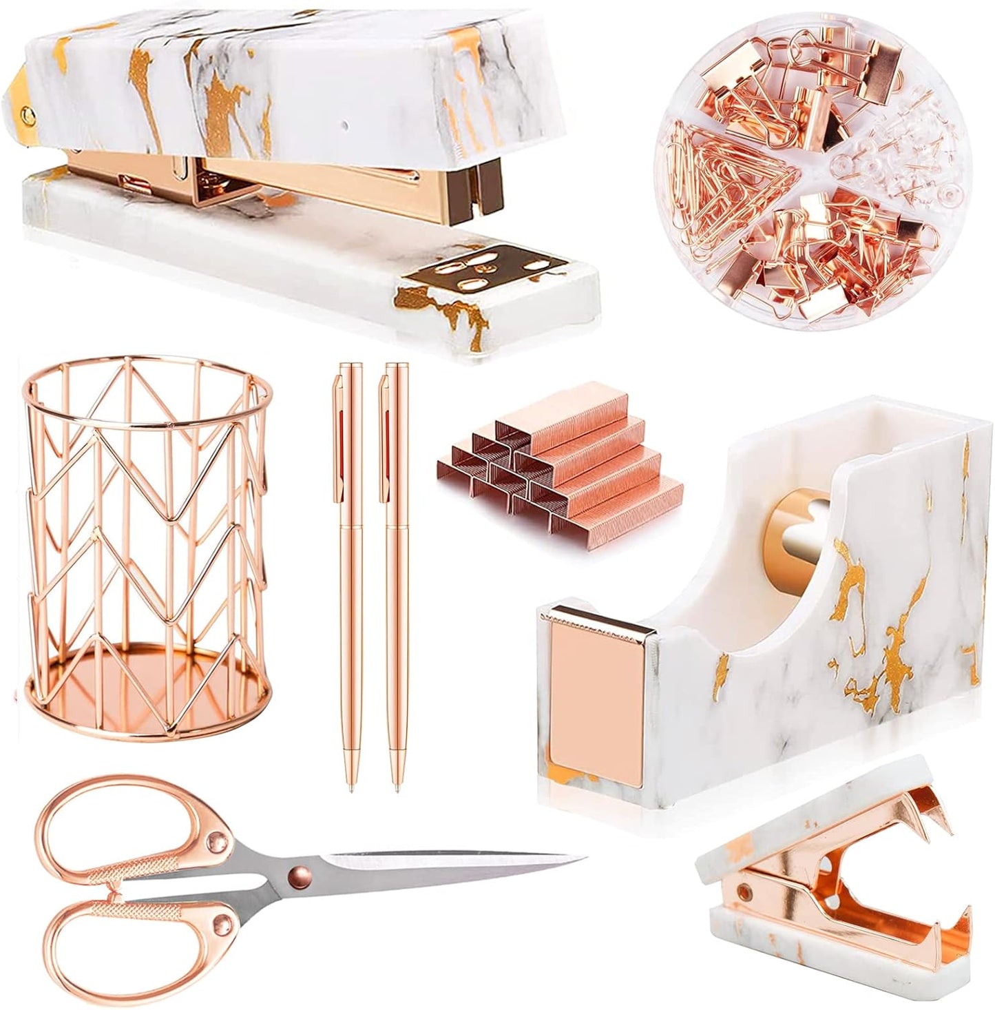 Famassi Rose Gold Desk Accessories，Office Supplies Set Acrylic Stapler Set Staple Remover, Tape Holder, 2 Ballpoint Pen, Scissor, Binder/Paper Clips and 1000pcs Staples.