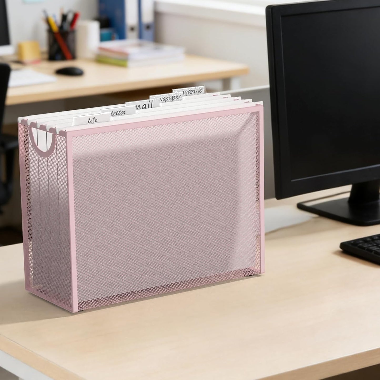 Sinboun Hanging File Organizer Letter-Size File Holder Filing Box Includes 5 Hanging Folders - Metal Mesh Magazine Letter Storage Cabinets File Cart for Office Home School, No Assembly Required